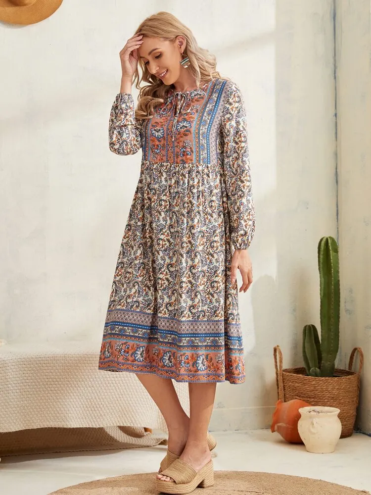 Tie Neck Floral Print Lantern Sleeve Smock Dress