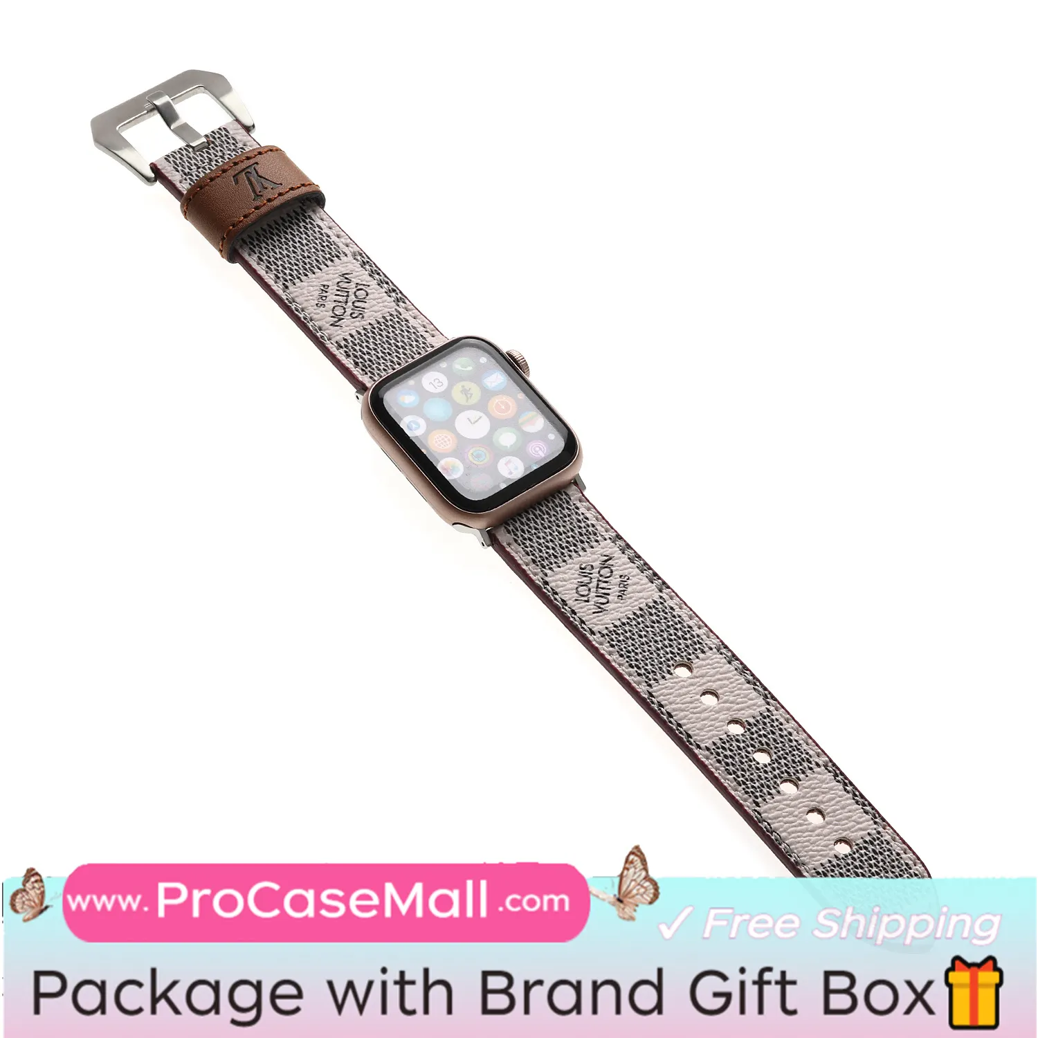 LV Genuine Leather Monogram Canvas Apple Watch Strap Checkerboard Canvas