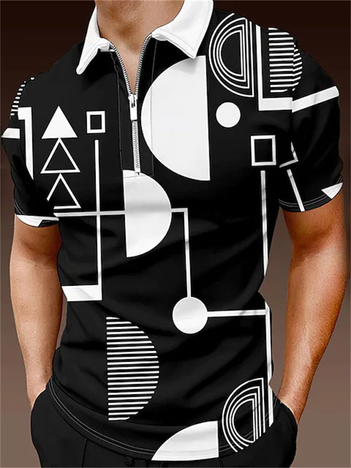 Casual Polo Shirt Geometric Print Black Green Brown Purple Men's Zipper Polo Shirt | 168DEAL