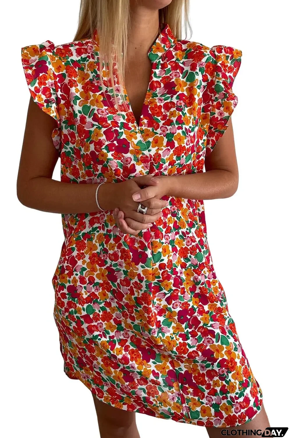 Red Ruffle Sleeve V-Neck Floral Dress