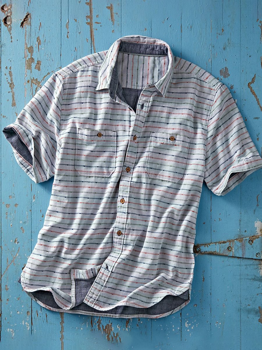 Men White Striped Patch Pocket Short Sleeve Cotton and Linen Shirt