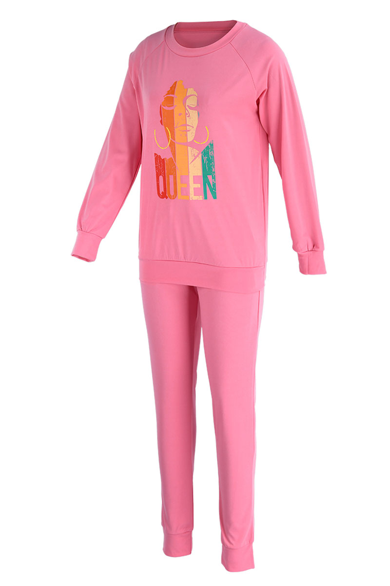 Rose Red Fashion Casual Print Patchwork O Neck Long Sleeve Two Pieces