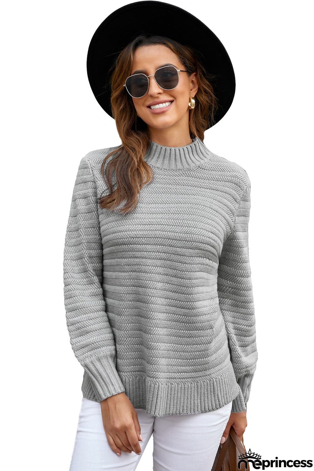 Winter Gray Solid Color Stand Collar Textured Sweater
