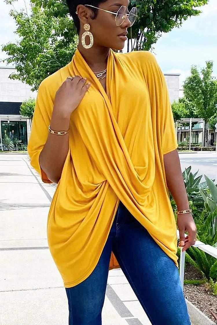 Solid Color Ruched Crossover Design Half Sleeve Top-Yellow