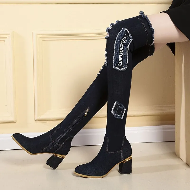 Lucyever Womens Denim Boots Over The Knee Pointed Toe Thick High Heels Shoes Woman Casual Tassel Cut Out Jeans Long Botas Mujer