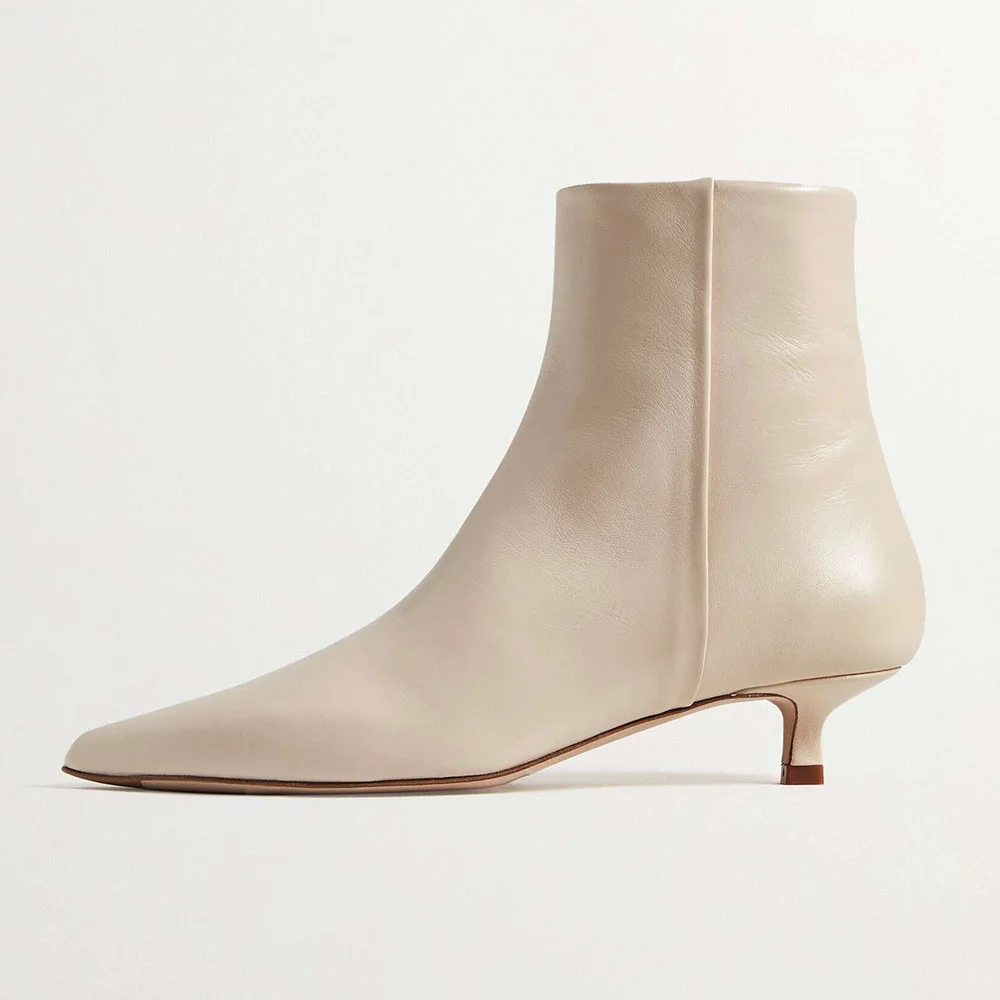 Beige Kitten Heel Side Zipper Pointed Toe Short Boots for Women