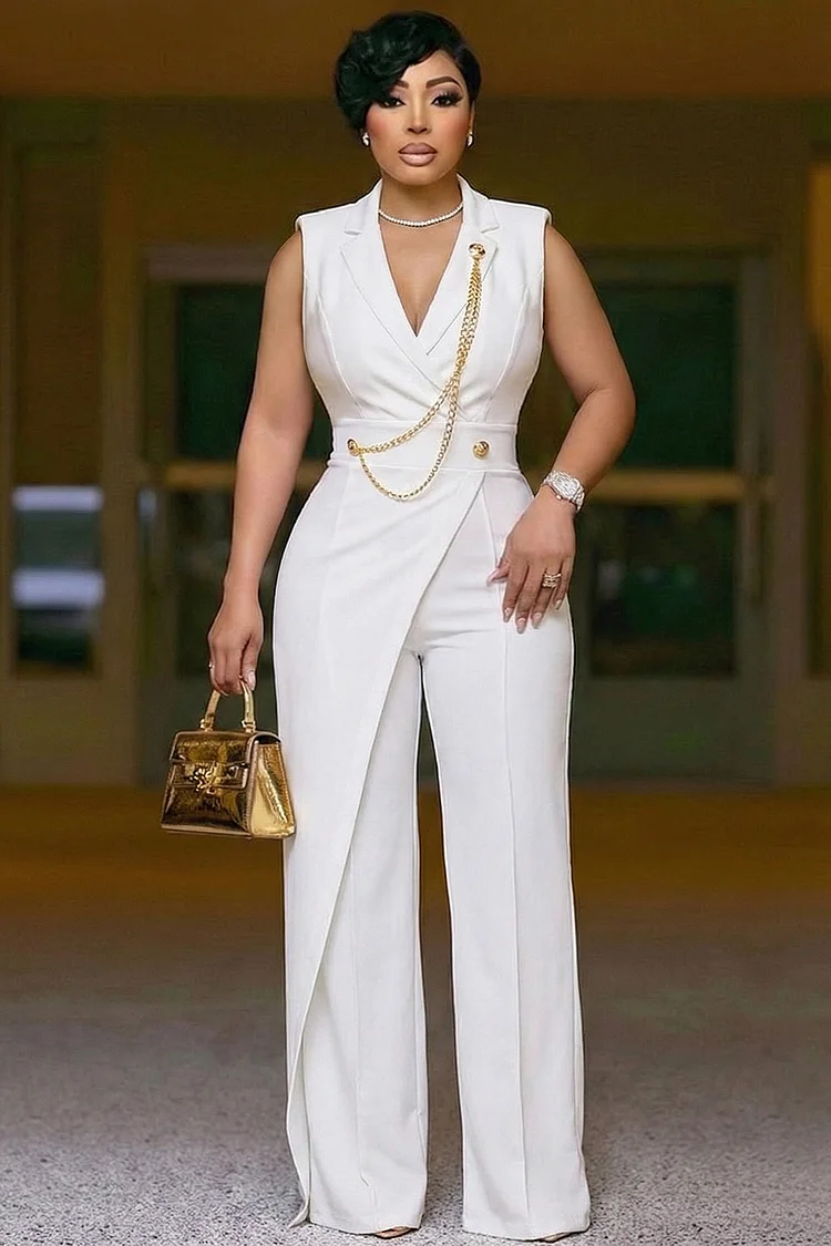 Notched Lapel Sleeveless Cinch Waist High Waist Jumpsuit-White [Pre Order]