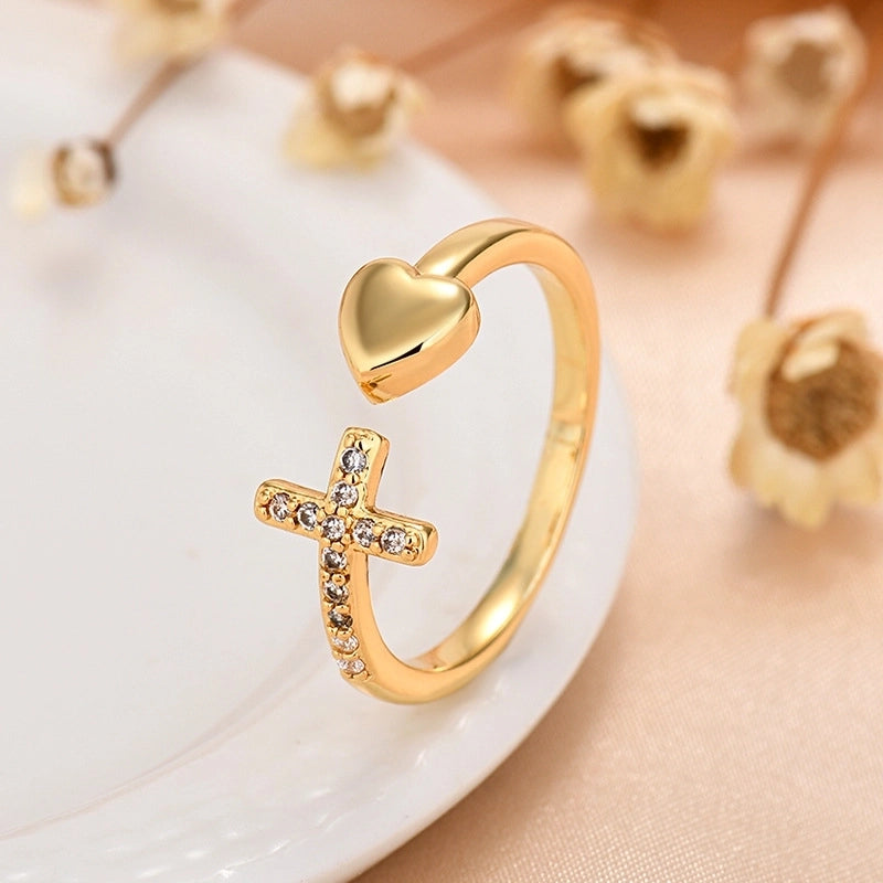 IG Style Cross Heart Shape Copper Zircon Inlay Open Rings