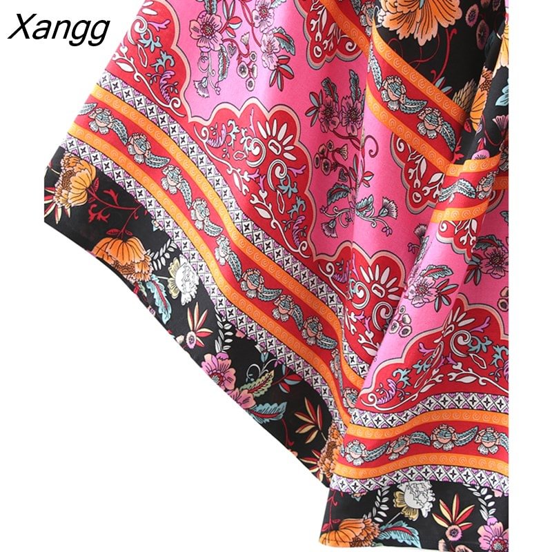 Xangg Bohemian Women Colored Pink Flower Print Kimono Shirt Holiday Beach Tie Bow Sashes Mid Long Cardigan Blouse BOHO Tops