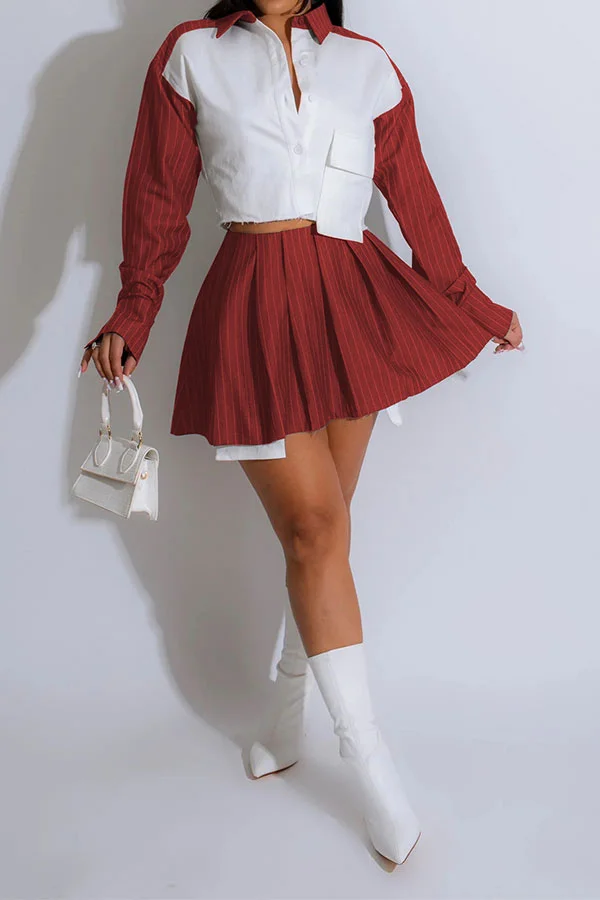 Patchwork Striped Preppy Pleated Skirt Suit