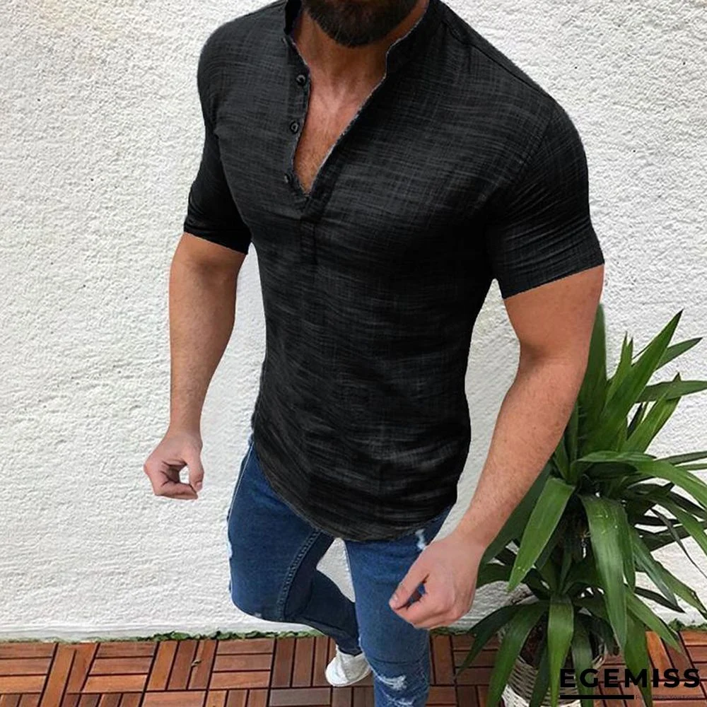 Solid Color Half-Open Stand Collar Short-Sleeved Shirts Linen | EGEMISS