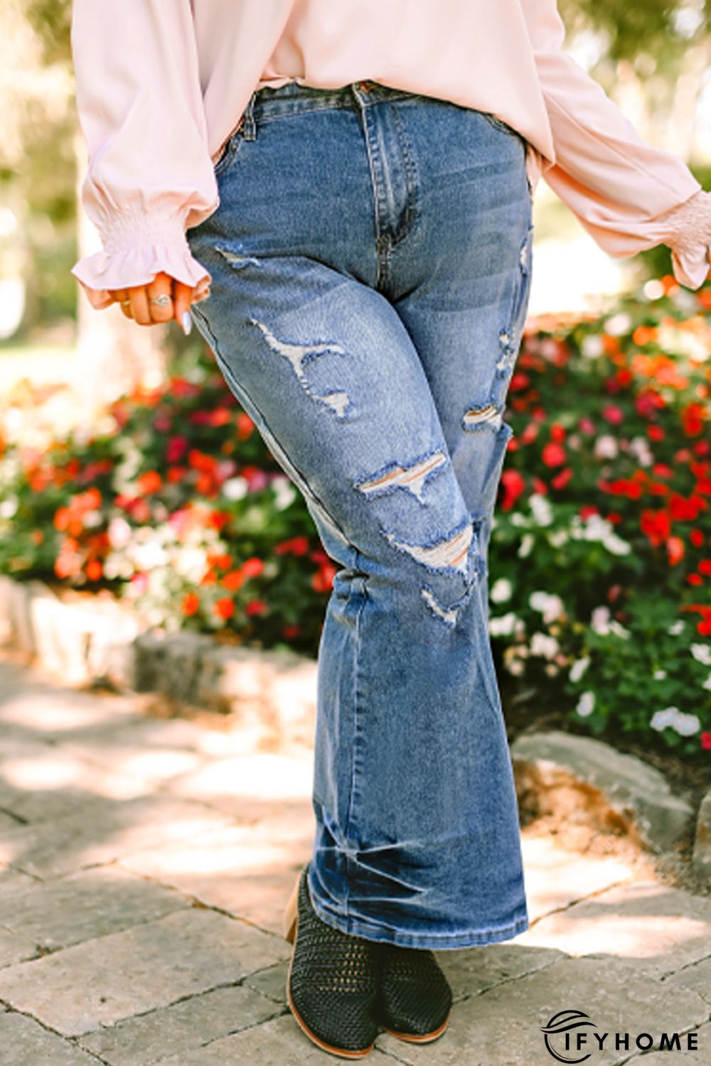 Sky Blue Plus Size Distressed Flare Jeans | IFYHOME