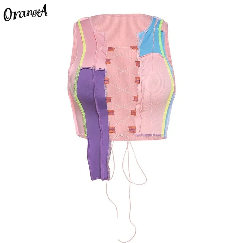 OrangeA Women Ribbed Sexy Hollow Out Clubwear Y2K Top Striped Patchwork Stretchy Bandage Drawstring Sleeveless Party Streetwear