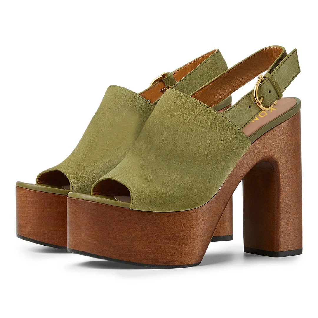 Olive Open Round Toe Slingback Women's Heel Sandals with Platform