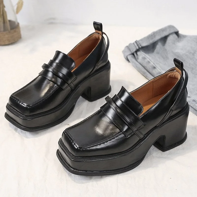 Women High Chunky Heels Pumps Vintage Square Toe British Style PU Leather Shoes Woman 2022 Spring Slip On Platform Shoes