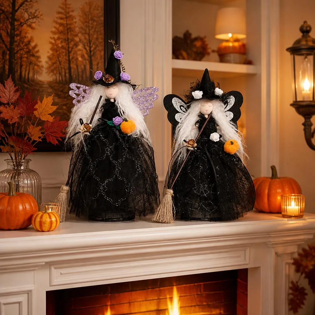 Cozy handmade witch dolls display