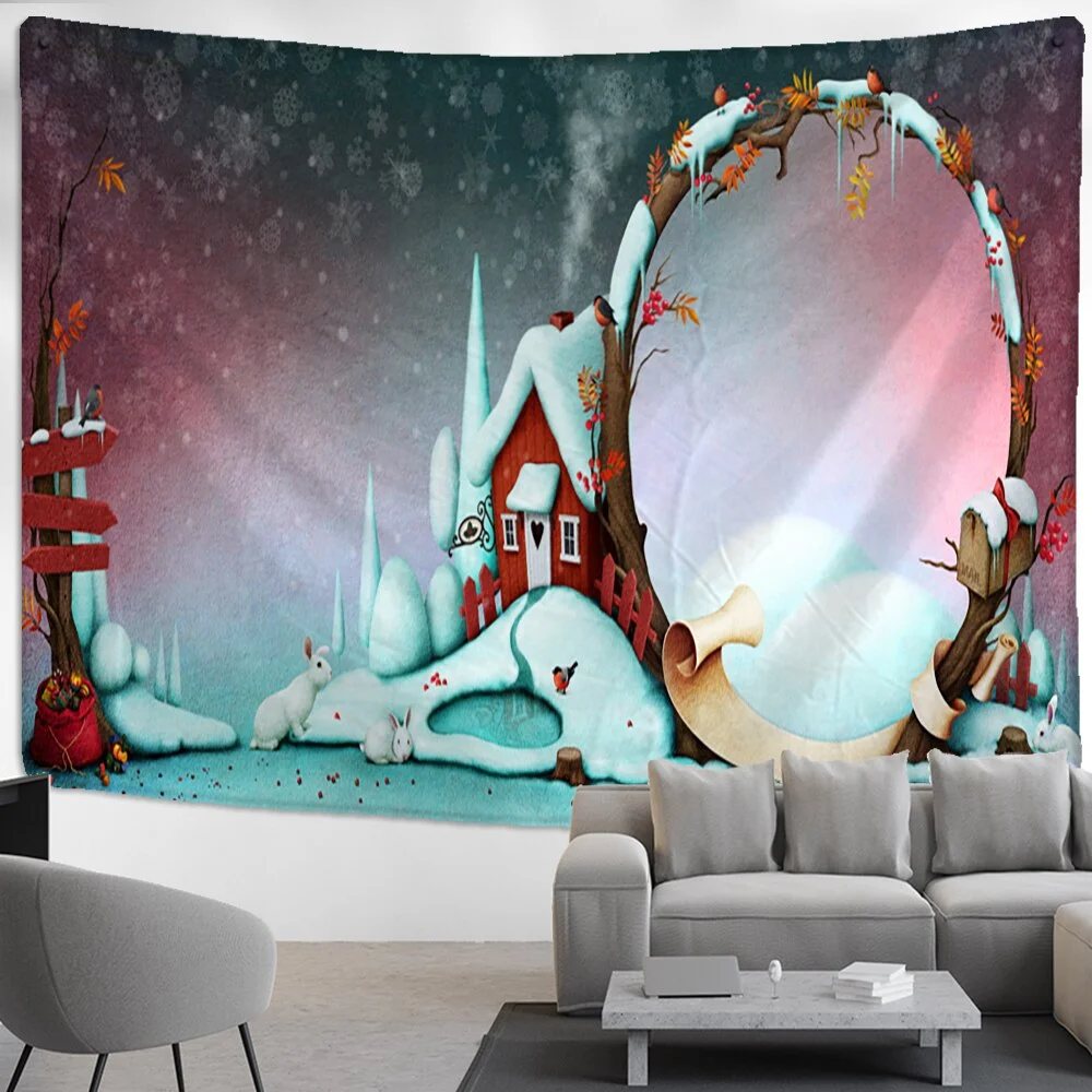 Christmas Cartoon Illustration Tapestry Wall Hanging Cute Kawaii Boho Style Background Cloth Home Decor