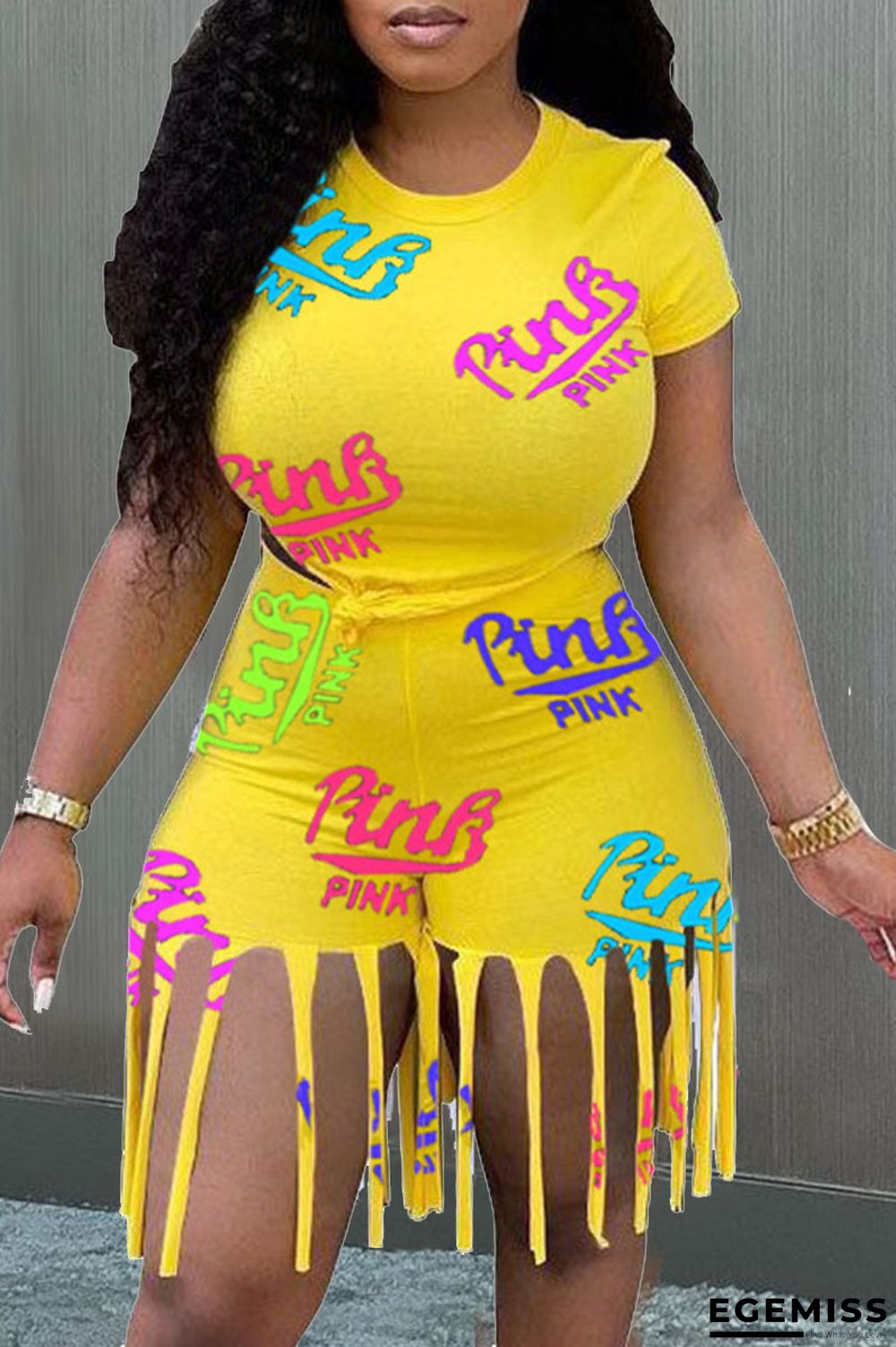 Yellow Casual Print Tassel Patchwork O Neck Short Sleeve Two Pieces | EGEMISS