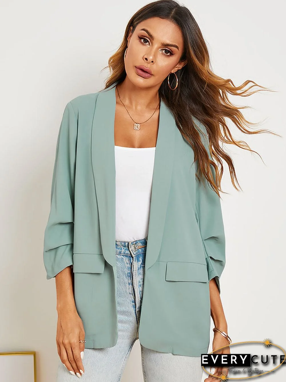 Solid Color 3\/4 Length Ruffle Sleeve Casual Blazer For Women