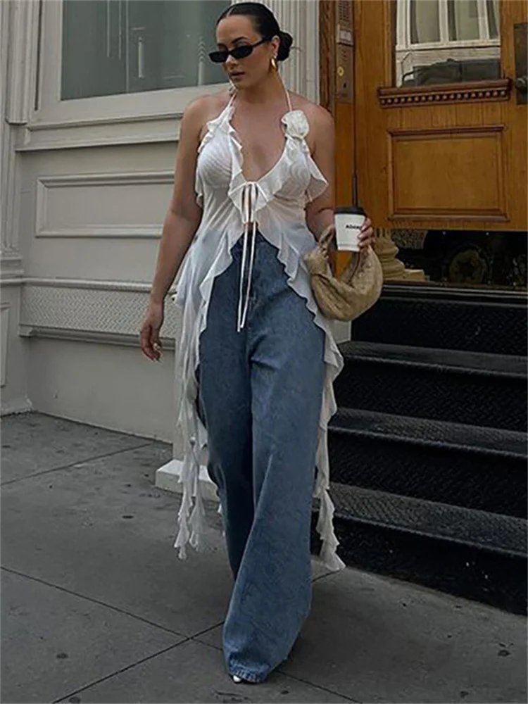 Tossy Ruffled Mesh Lace-Up Crop Top Vest – Halter Floral Bandage Solid Slim Summer Y2K Top 2024