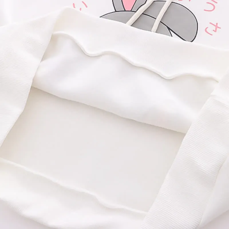 Cartoon Rabbit Print Lace Up Loose Plush Hoodie