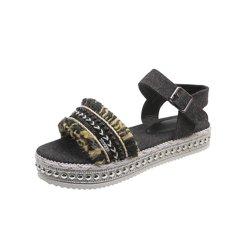 Mature Women Fashion Tassel Denim Sandals With Thick-soled Flat Heel Summer Shoes