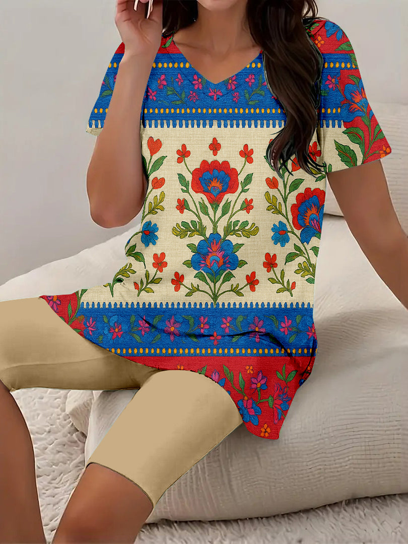 Women Long Sleeve V-neck Graphic Floral Printed Top