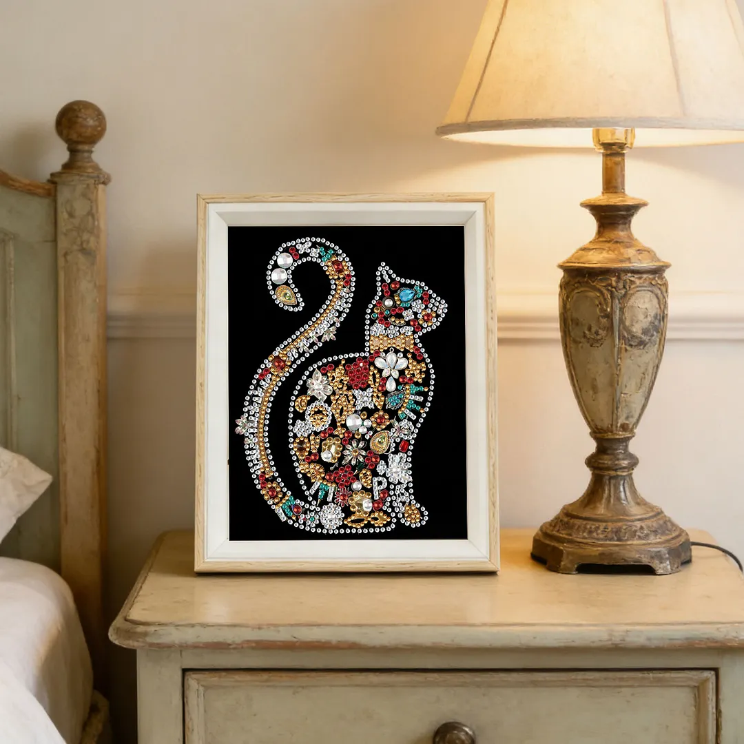 Jewelry Cat Silhouette Special Shaped 5D DIY Partial Drill Diamonds Dots Gem Art Kits with Wooden Frame Diamonds Paintings Gem Art 17x22cm for Adults Beginners Home Decor