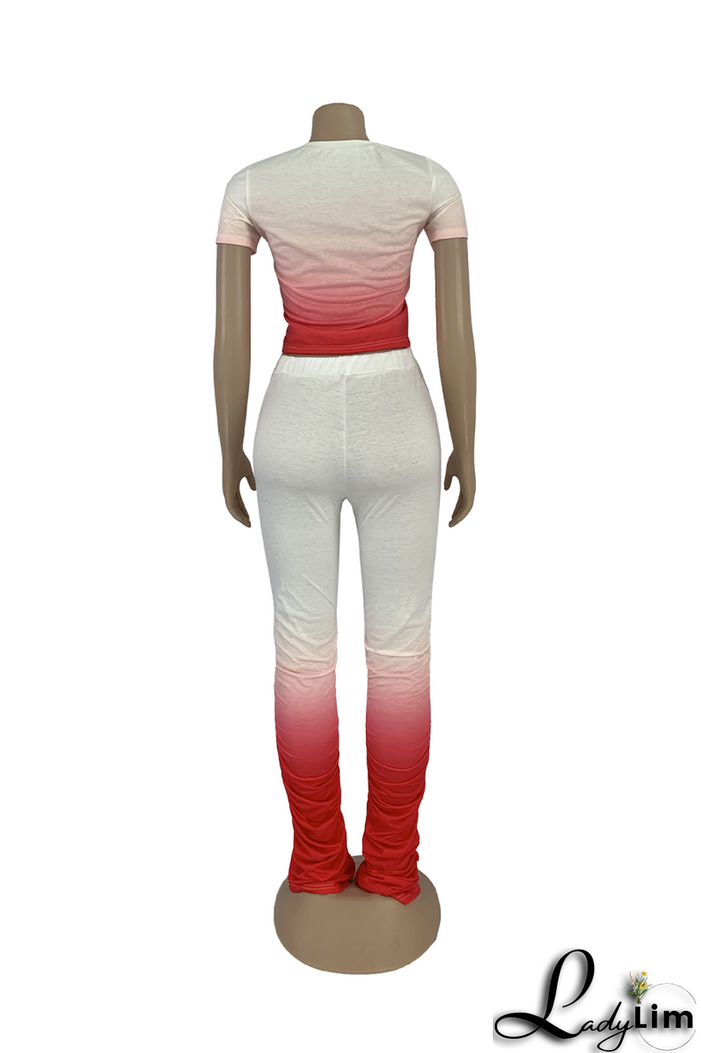 Red Fashion Gradual Change Ripped O Neck Short Sleeve Two Pieces