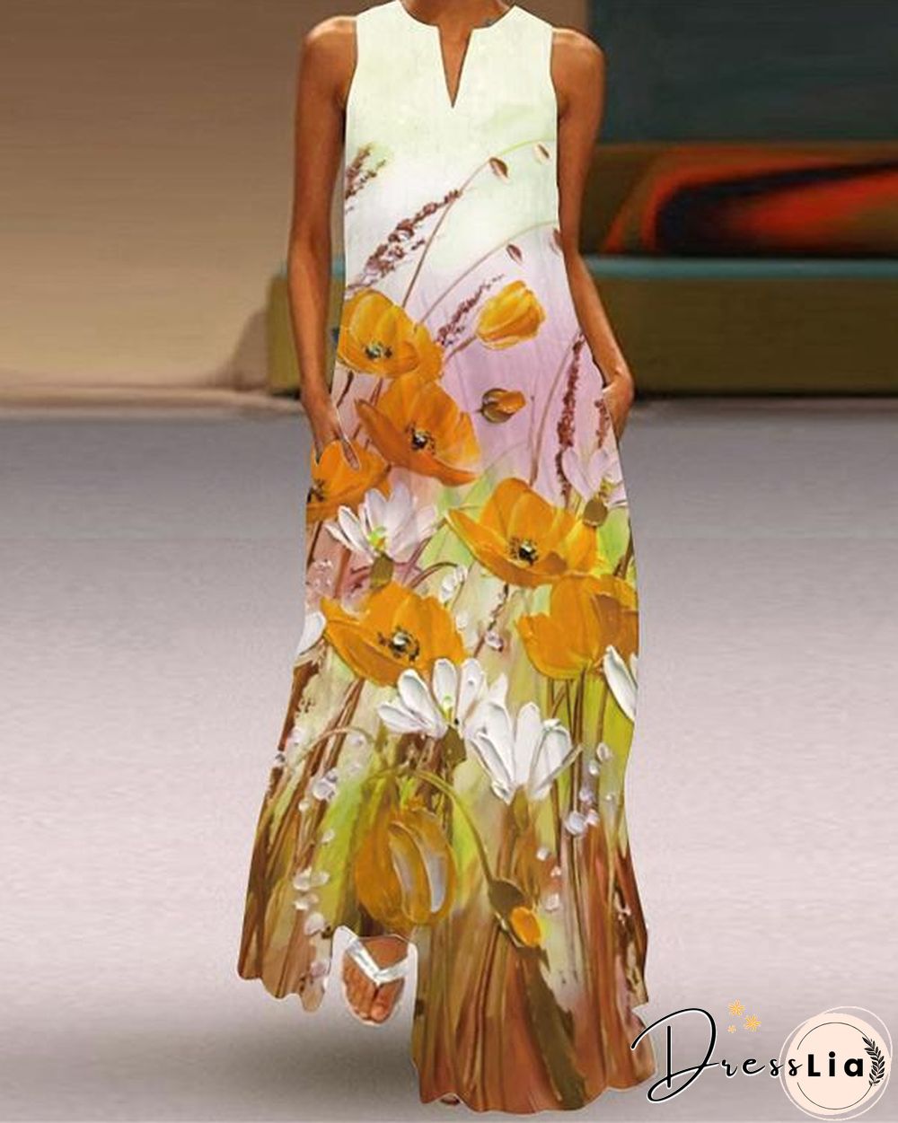 Women's Fashion Floral Print Sleeveless V-Neck Dress
