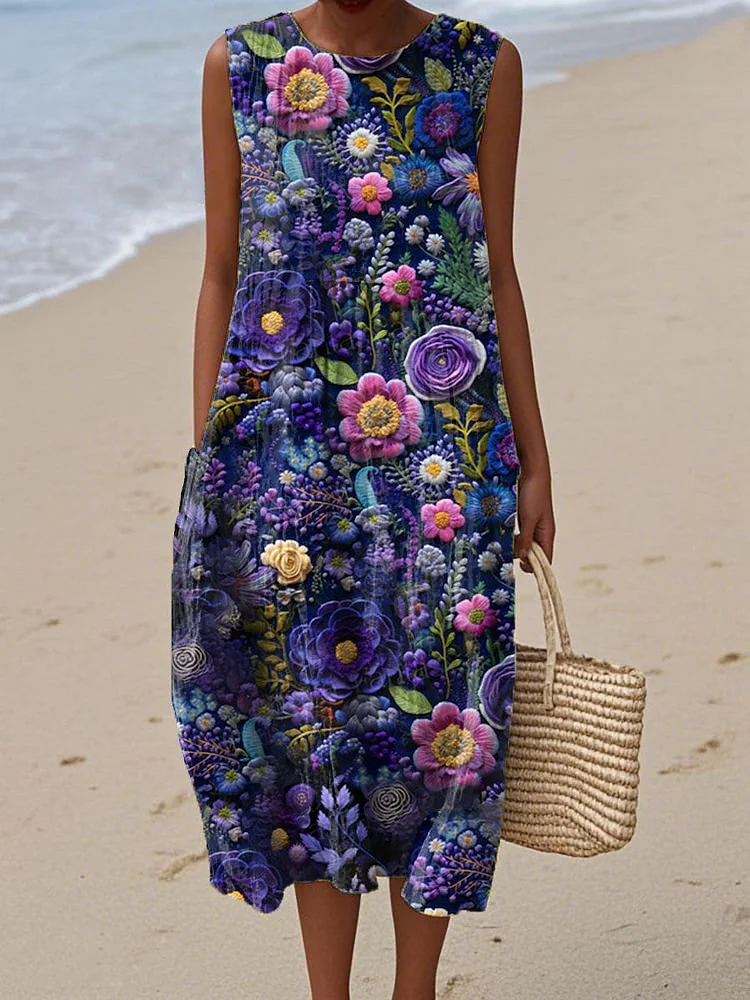 Women's Vintage Embroidery Floral Art Print Sleeveless Cotton Pocket Wrap Dress