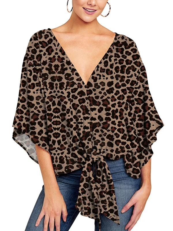Knot Leopard Batwing Sleeves Half Sleeves V-Neck Blouses&Shirts Tops