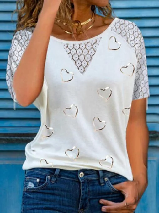Women Short Sleeve Scoop Neck Floral Printed Lace Top