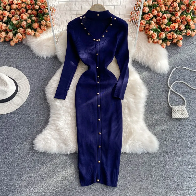 Long Sleeve Halter Neck V-Neck Elastic Knitting Dress Autumn Winter Chic Bodycon Long Dress