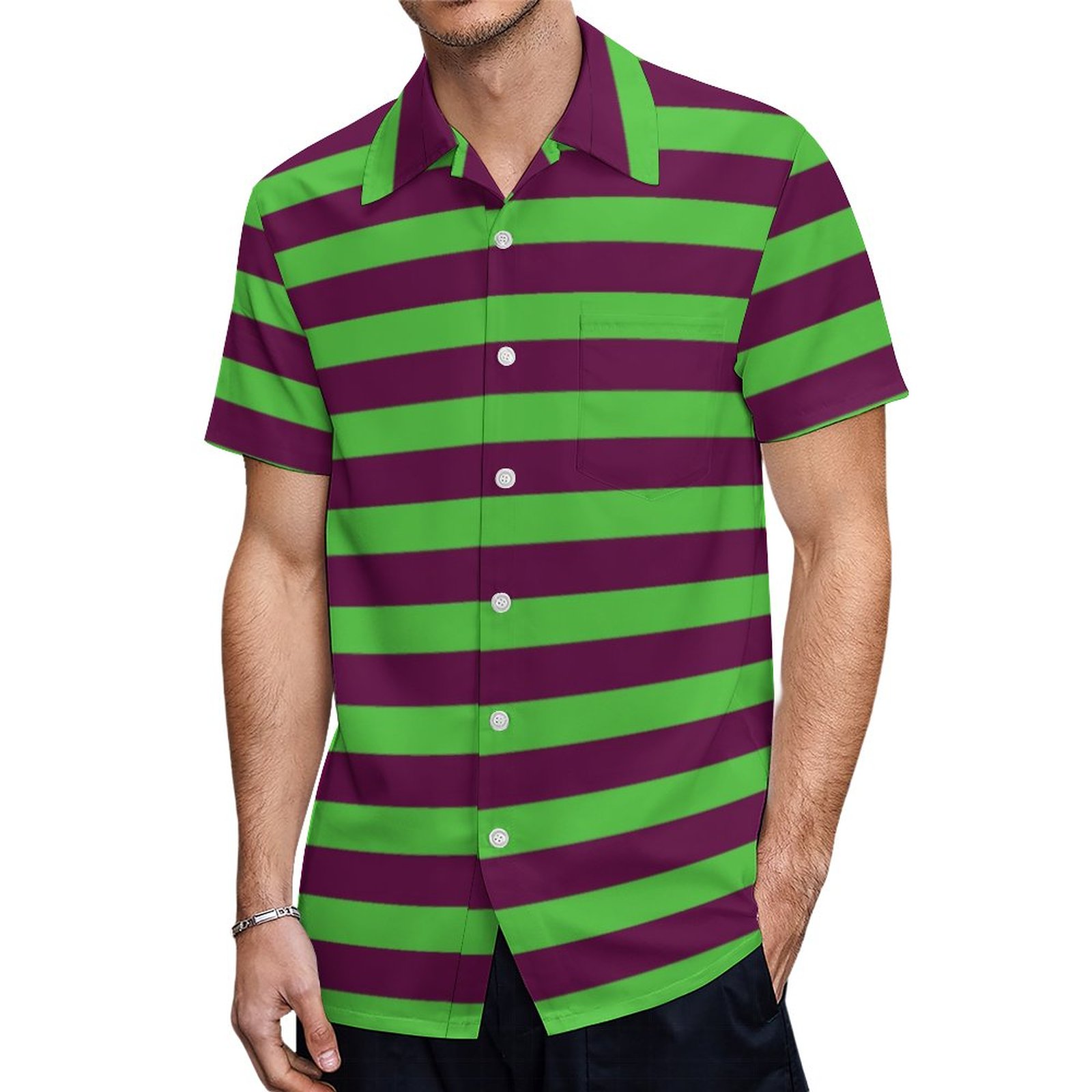 Purple Green Monster Costume Halloween Stripes Hawaiian Shirt Mens Button Down Tropical Hawaii Beach Shirts