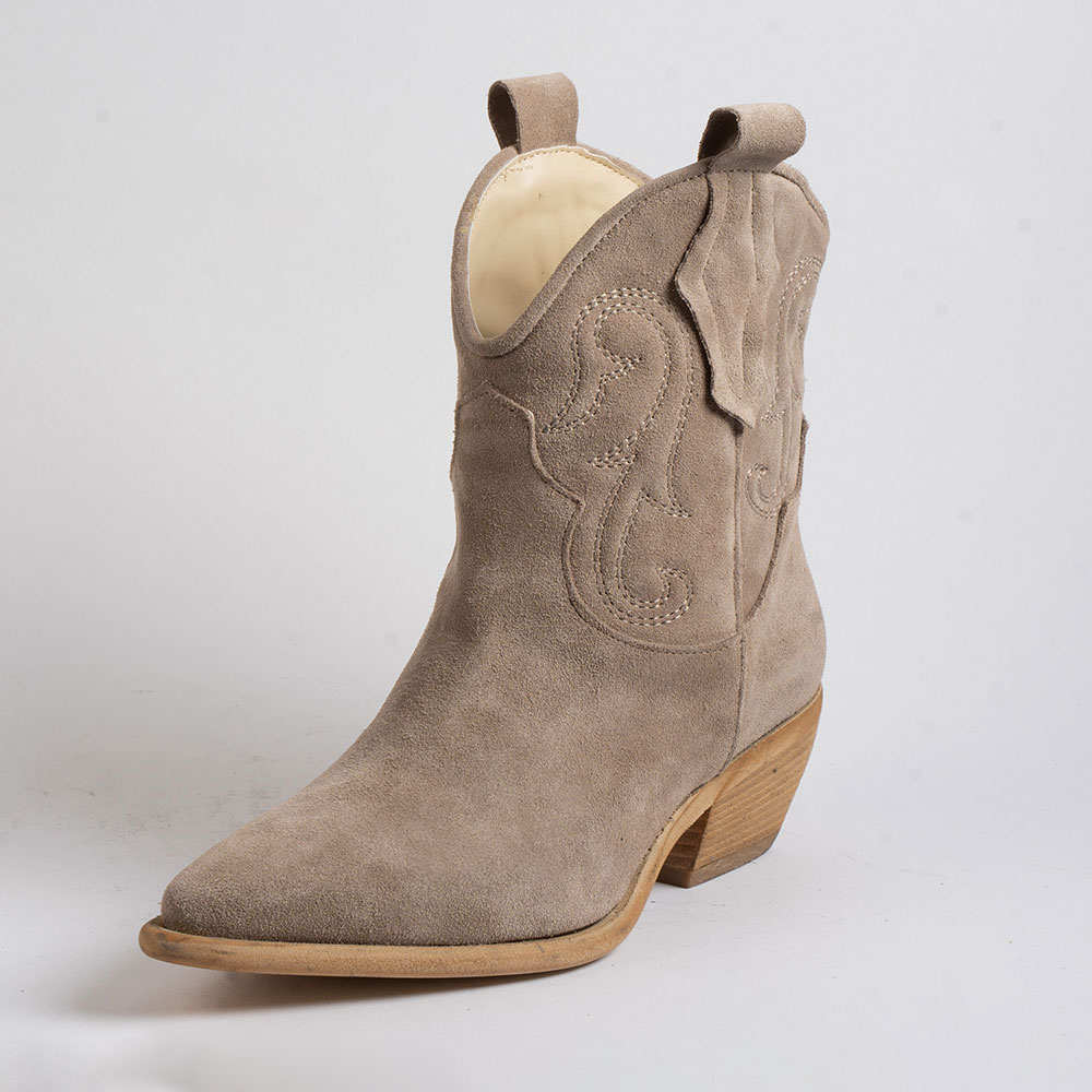 Embroidered Snip Toe Low Heel Taupe Ankle Cowgirl Booties for Women Nicepairs