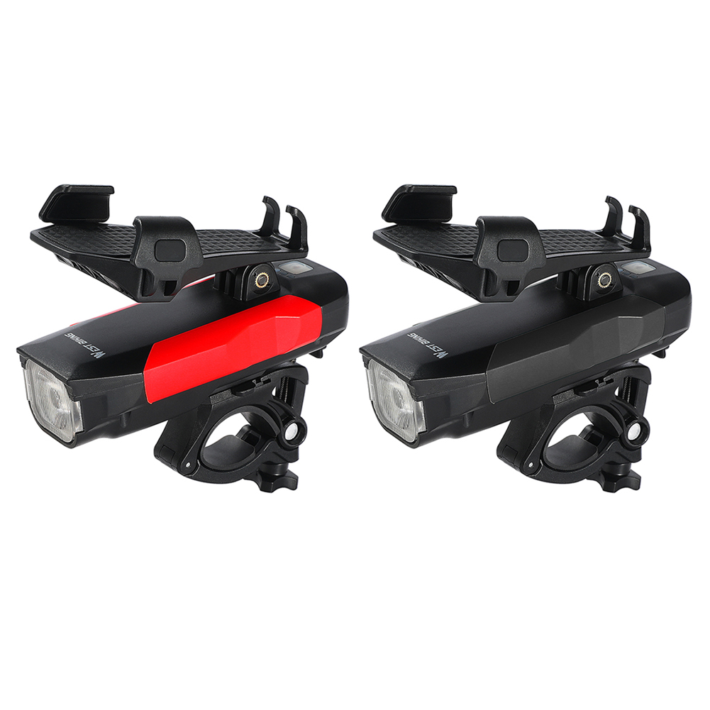 

4 in 1 Bicycle Front Light Horn Alarm Bell Phone Holder Rack USB Power Bank, Red, 501 Original
