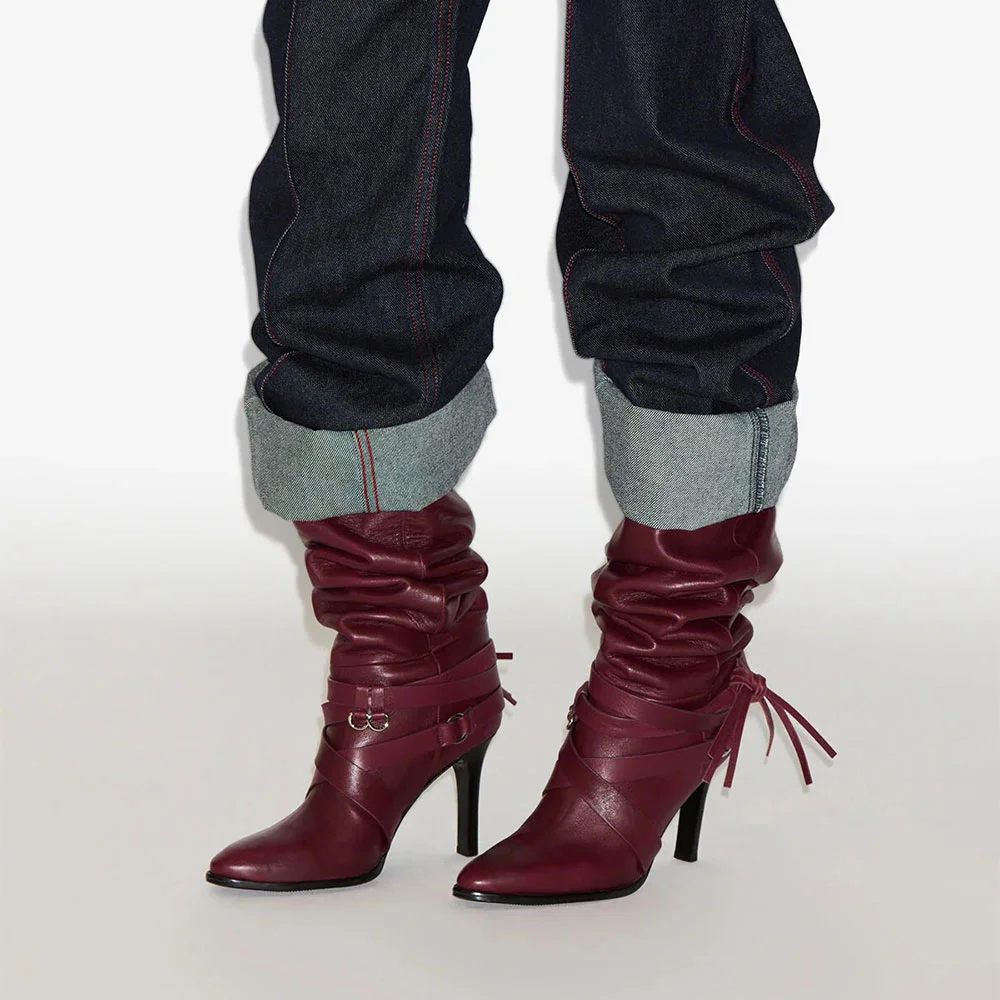 Vegan Leather Pointed Toe Cross Strap Knee High Heel Boots in Maroon