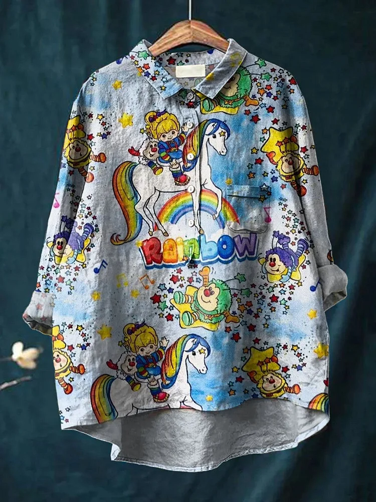 Vintage 1980 Rainbow Girl Cartoon Pattern Art Print Casual Cotton And Linen Shirt
