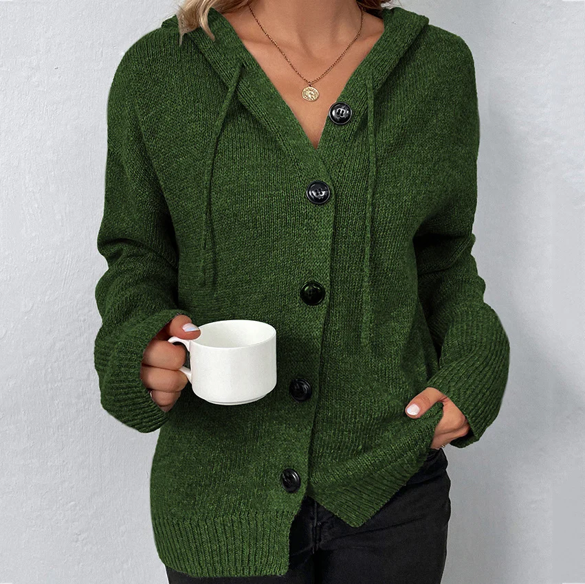 Solid Color Single Breasted Hooded Drawstring Sweater Cardigan