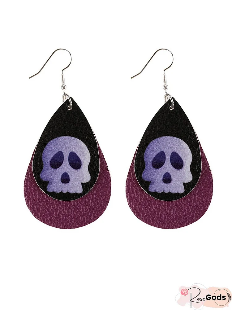 Halloween Double Pu Leather Earrings Skull Sequins Drop Shaped Earrings