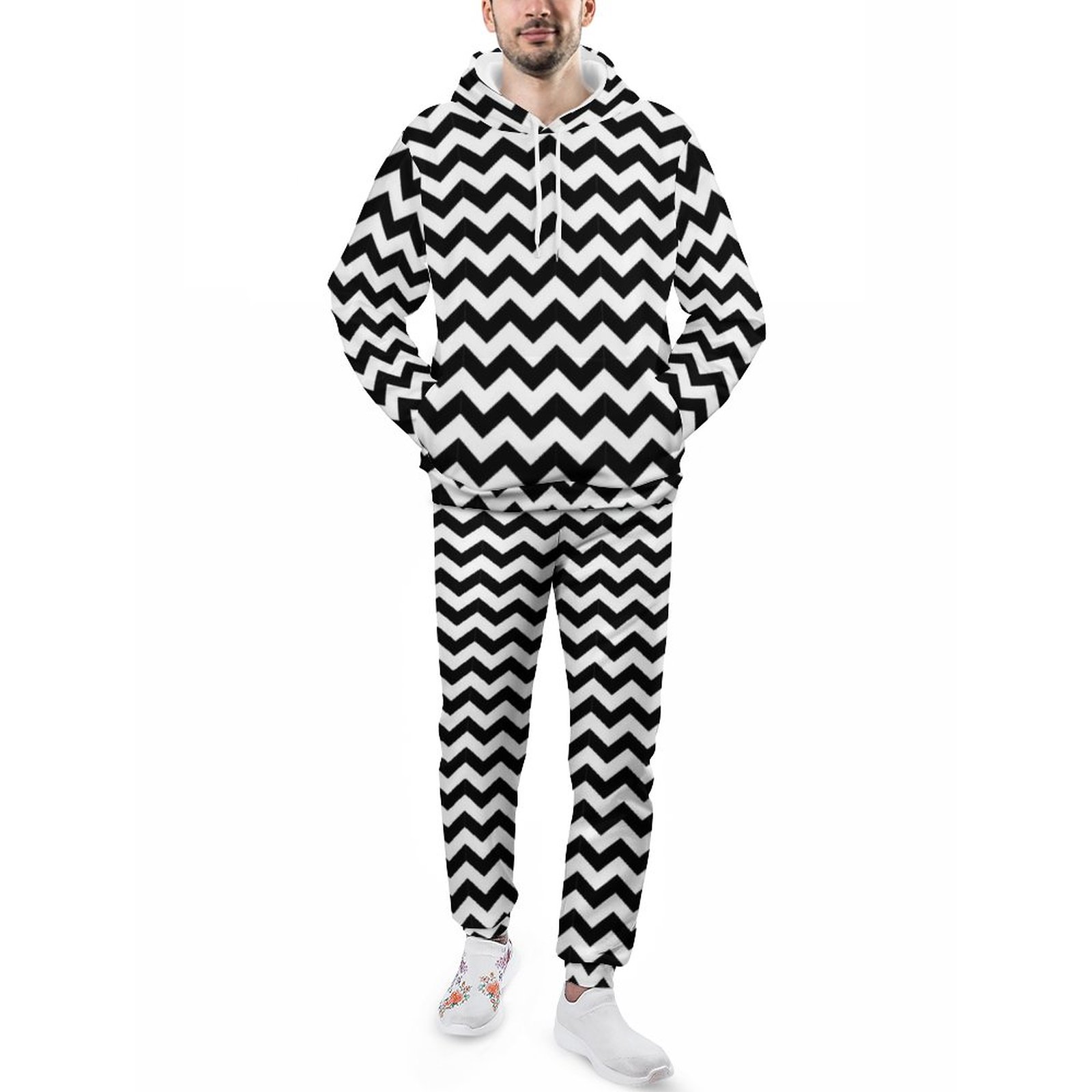 Black And White Chevron Classic Design Men's Tracksuit 2 Piece Hoodie Sweatsuit Sets Casual Jogging Athletic Suits