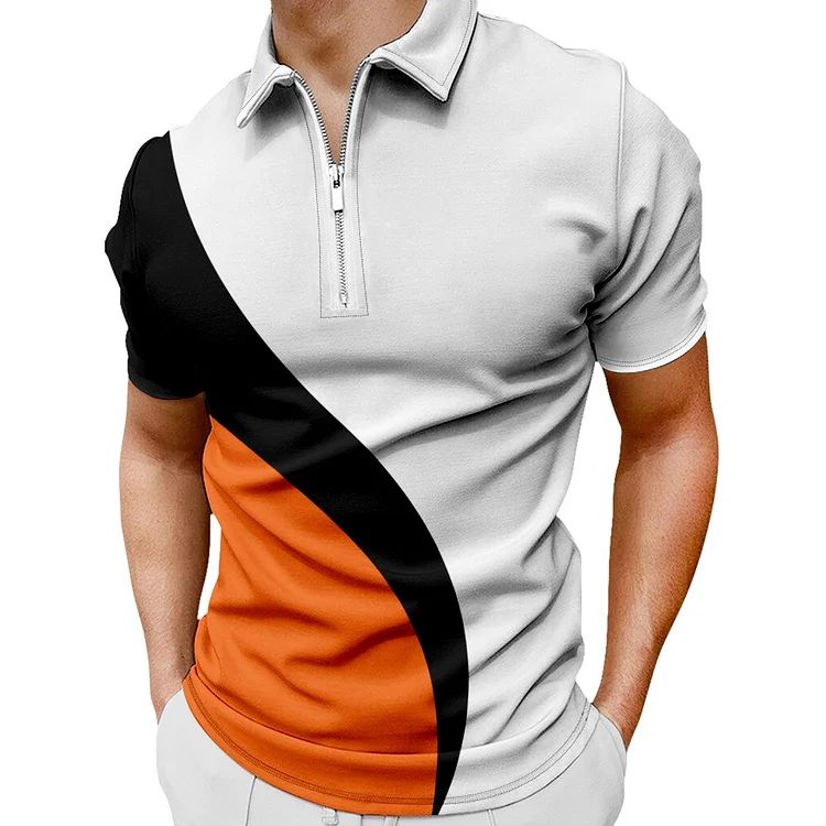 BrosWear Fashion Men's Abstract Color-Blocking Casual Short Sleeve  Polo Shirt