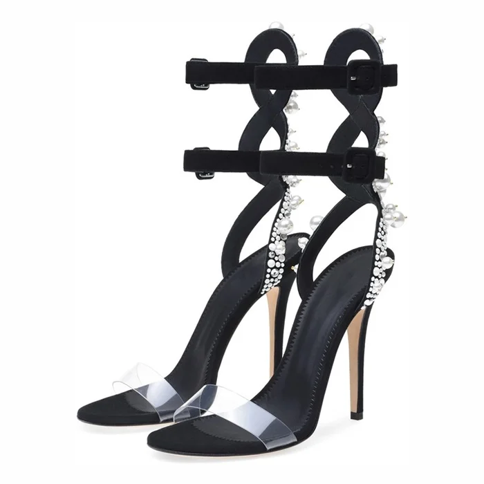 Black Pearl Gladiator Heels Double Ankle Strap Stiletto Heel Sandals |FSJ Shoes
