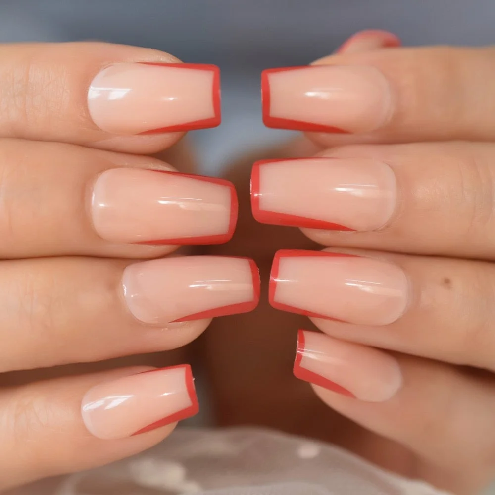 Natural Nude Color Press On Nails Marble White Artificial False Nails Square Short Glossy Pattern Tips with Glue Sticker 113-Nail Inspo