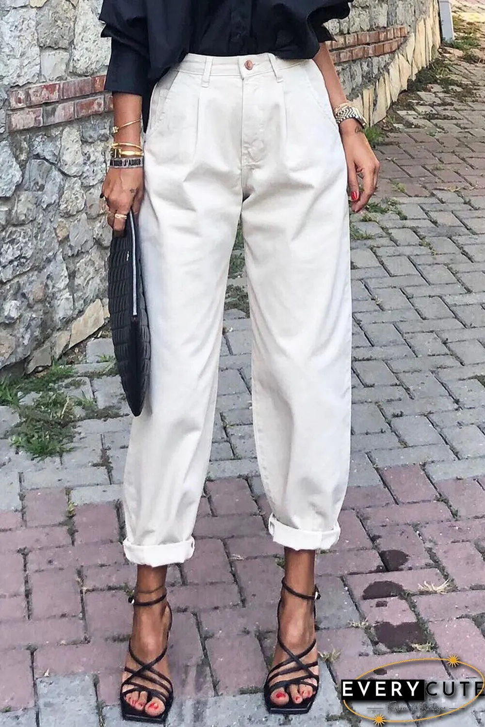 White Solid High Waist Casual Pants
