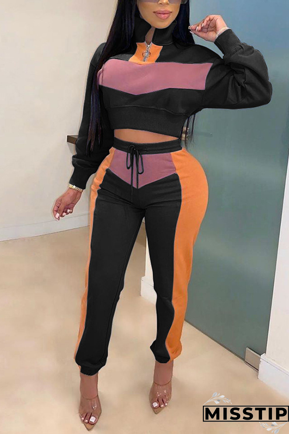 Black Street Patchwork Turtleneck Long Sleeve Two Pieces