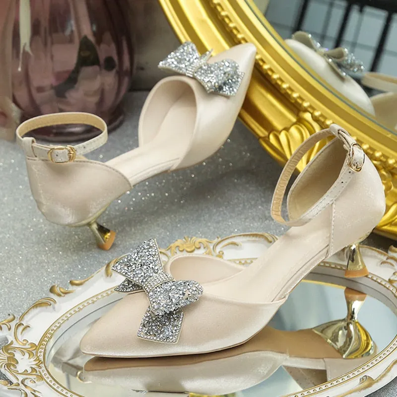 Crystal Bowknot Pumps For Women Ankle Strap Thin High Heels Shoes Woman Spring 2022 Sexy Pointed Toe Slik Wedding Shoes