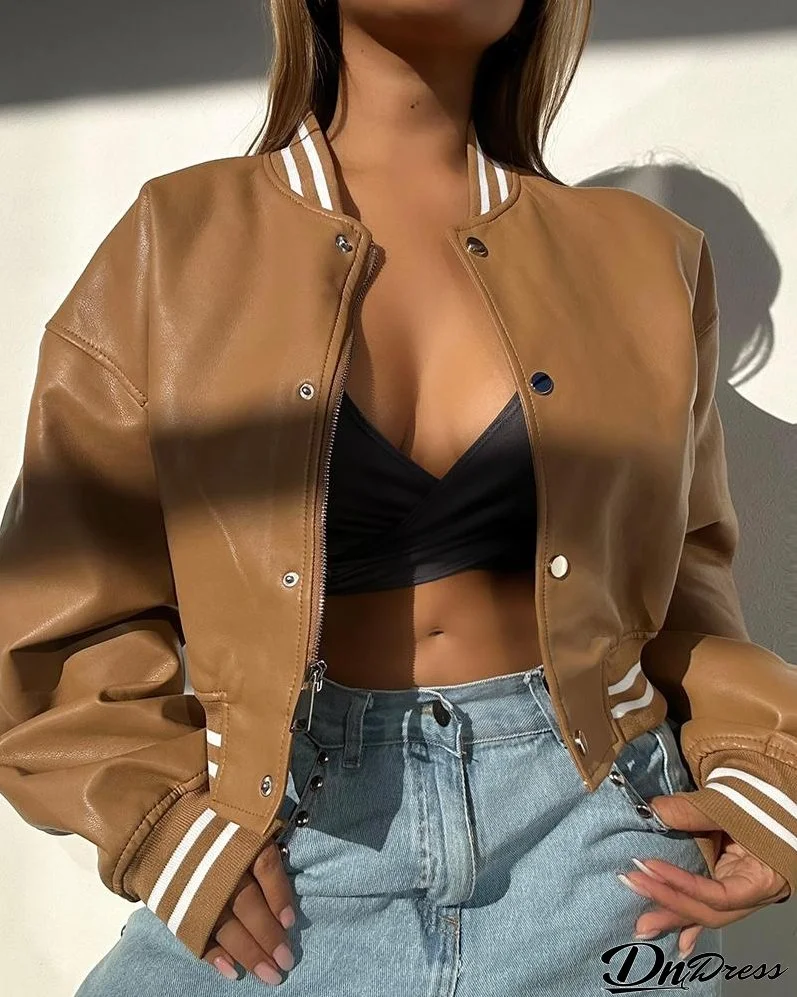 Striped Snap Button Zipper Design Crop Bomber Jacket