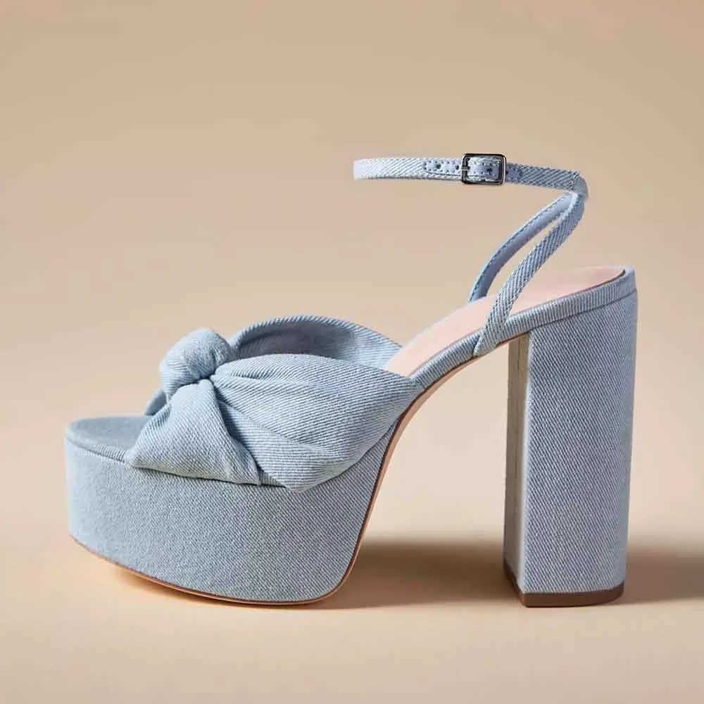Blue Denim Opened Toe Knot Designed Ankle Strappy Platform Sandals With Chunky Heels Nicepairs